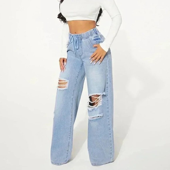 Light Wash Casual Women's Drawstring Waist Cut Out Ripped Wide Leg Jeans - Picture 5 of 5